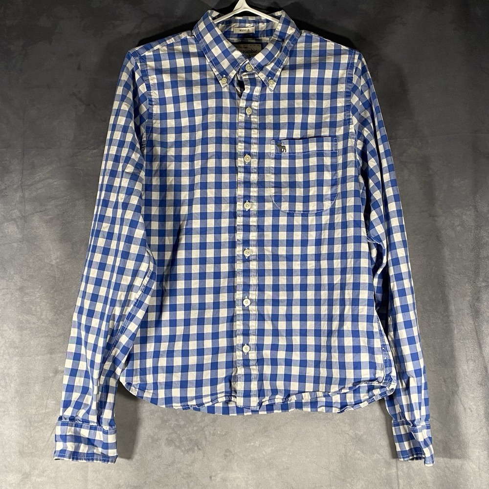 Abercrombie & Fitch Muscle Fit Button Down Gingham Check Shirt Mens L Blue Prep